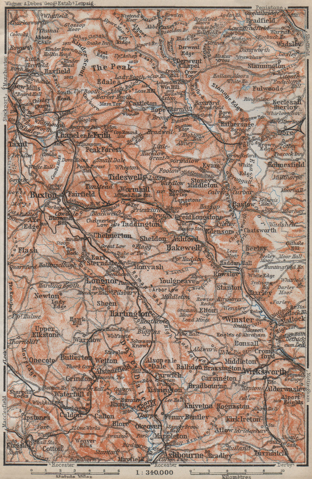 DERBYSHIRE PEAK DISTRICT. Buxton Asbourne Bradfield Eyam Hathersage 1910 map